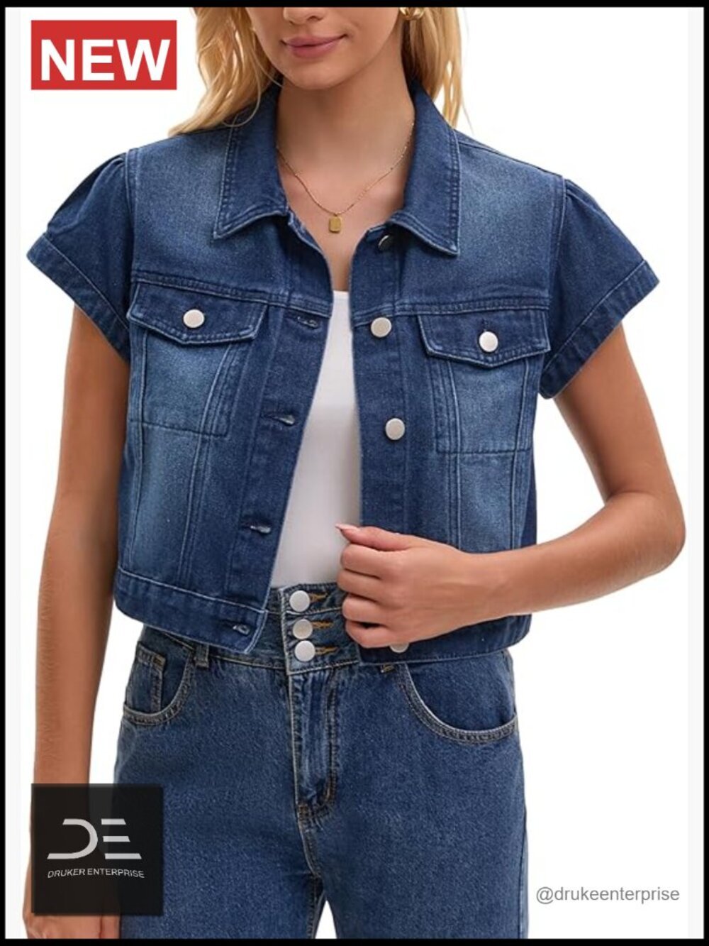 Cropped Denim Jacket Cap Sleeve Button Down Summer Casual Jean Jacket